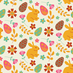 Happy Easter, decorated easter card, banner. Bunnies, Easter eggs, flowers and basket. Popular style design.
