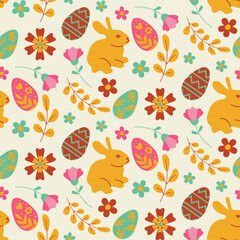 Happy Easter, decorated easter card, banner. Bunnies, Easter eggs, flowers and basket. Popular style design.
