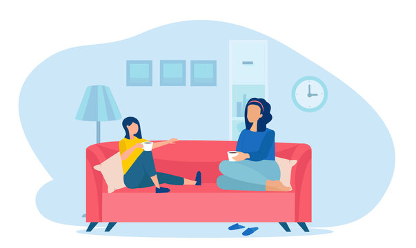 Vector of a mother and a daughter talking sitting on a sofa at home.
