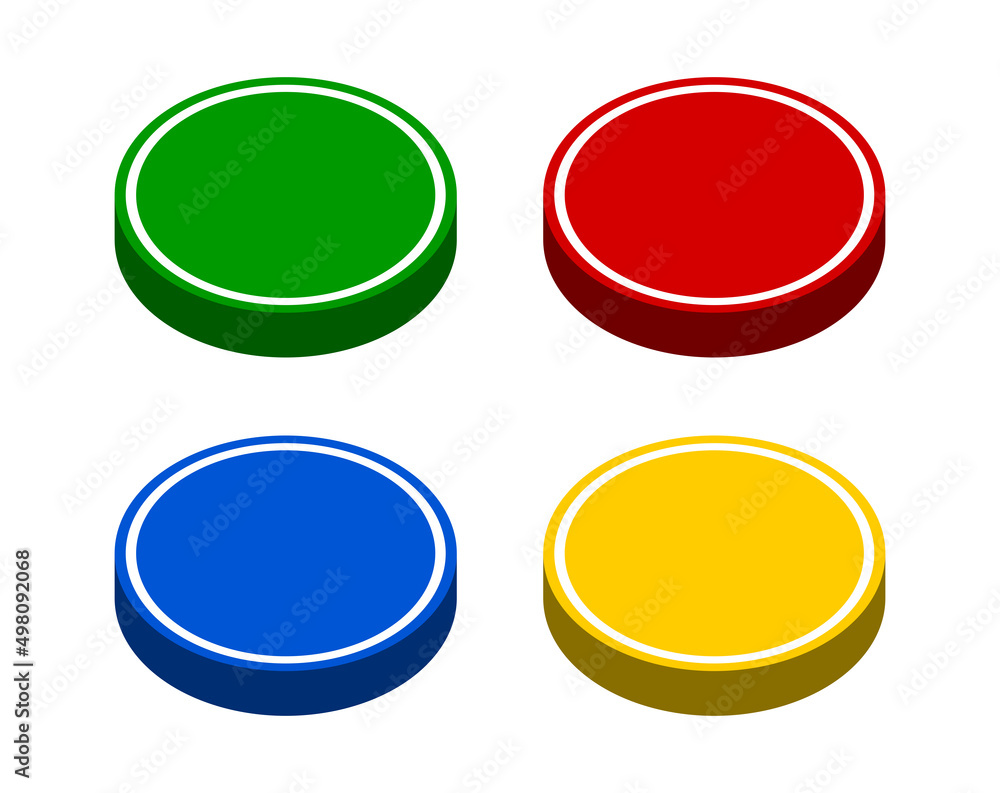 Poster colorful green red blue yellow push button badge icon set in 3d style perspective view. vector image