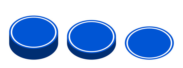 Blue Push Button Badge Icon Set in 3D Style Perspective View. Vector Image.