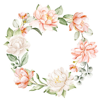 Wreath, floral frame, watercolor flowers pink peonies, Illustration hand painted. Isolated on white background. Perfectly for greeting card design.