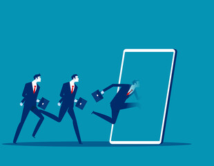 Business team run into the smartphone. Business vector illustration concept