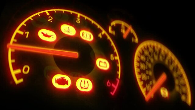 Car dashboard warning lights on, vehicle emergency, mechanical problem, accident. Car maintenance needed, auto repair, loopable video