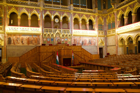 BUDAPEST, HUNGARY - 03 MAR 2019: Interior of the Budapest Parliament building and the meeting room of the Hungarian government with a lot of wood applications