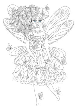 Antistress coloring book for children and adults, a beautiful fairy surrounded by butterflies and flowers. Coloring page. Outline. Vector illustration. Isolated.