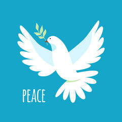 White dove with an olive branch in its beak on a blue background. Postcard, sticker, poster with text. Symbol of peace and freedom. Vector illustration for design and web.