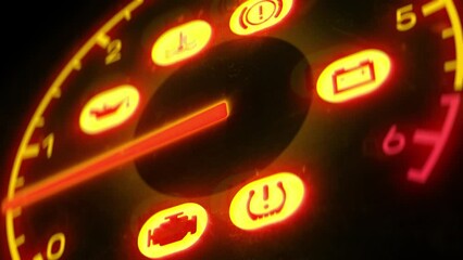 Car dashboard with warning lights on, check engine light, low battery, failure. Car maintenance needed, auto repair, loopable video