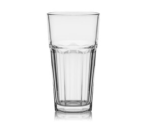 Empty transparent glass cup, shot glass, glass for wine, whiskey, cognac, martini, beer, juice and other drinks, isolated on white background. Dishes for bar, restaurant, pub.