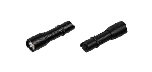 Black metal LED flashlight isolate on a white back. Pocket lamp for dark time of day or dark rooms.
