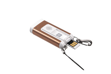 USB flashlight keychain.Metal LED flashlight isolate on a white back. Pocket lamp for dark time of day or dark rooms.