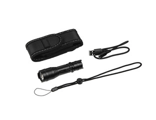 Black metal LED flashlight isolate on a white back. Pocket lamp for dark time of day or dark rooms.