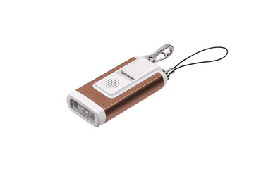 USB flashlight keychain.Metal LED flashlight isolate on a white back. Pocket lamp for dark time of day or dark rooms.