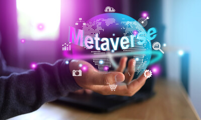 Man hands in casual clothes holding a virtual global internet connection metaverse. Business global internet connection digital marketing, financial and digital banking big data.