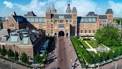 Rijksmuseum in Amsterdam, Netherlands. Aerial view of Dutch national museum in Amsterdam city....