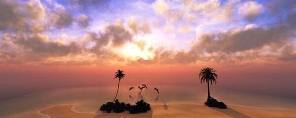Fototapeta na wymiar Beach with palm trees at sunset, at sunset, ocean, sea sunset, 3D rendering