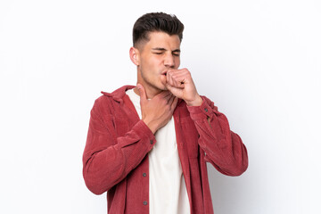 Young caucasian man isolated on white background coughing a lot
