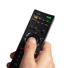 Hand holding television and audio remote control isolate on white background.