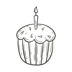 Vector doodle illustration of cupcake and muffin with icing and candle.