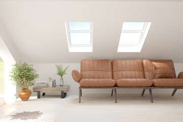 White living room with sofa. Scandinavian interior design. 3D illustration