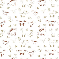 Seamless pattern with cartoon dinosaurs and leaves. Vector illustration with cute children characters. For wallpaper, print, fabric, textile, kids room decor.