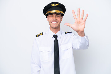 Airplane caucasian pilot isolated on white background counting five with fingers