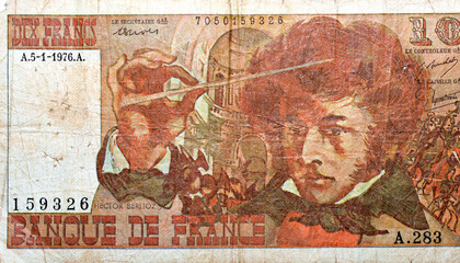 Large fragment of the obverse side of 10 ten French cent francs banknote currency by Bank of France...