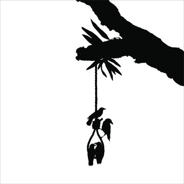 Gallows (Hanging Rope) on the Tree and Crow. Dramatic, Creepy, Horror, Scary, Mystery, or Spooky Illustration. Illustration for Horror Movie or Halloween Poster Element. Vector Illustration 