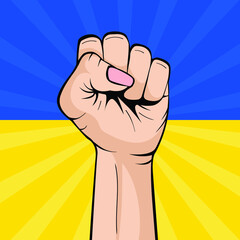 Human fist graphics on Ukraine flag background. Pop-art creative concept. Concept of resistance. Pray for Ukraine. Stop war between Russia and Ukraine. Pray for Ukraine.