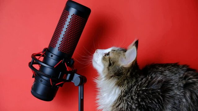 Microphone and cat for podcasts and sound recording. Stands on a red background. Studio condenser microphone in black with red inserts, side view Copy Space. Concept: disinformation, journalism, media