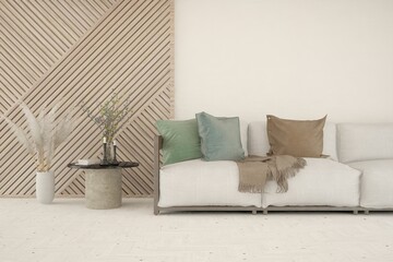 White living room with sofa. Scandinavian interior design. 3D illustration