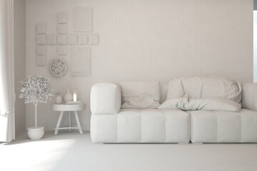 White minimalist living room with sofa. Scandinavian interior design. 3D illustration