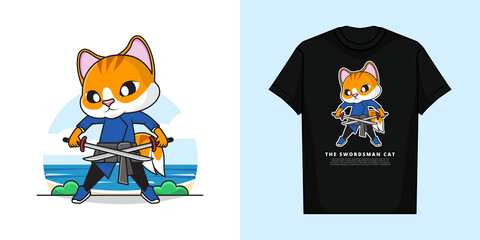 Illustration Vector Graphic of the Adorable Swordsman Cat with T-Shirt Mockup Design