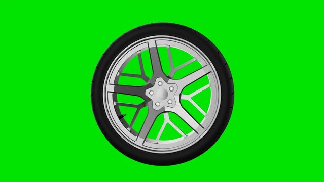 Seamless looping of rubber wheel spinning motion on isolated green screen chroma key background. Transportation and traveling industrial concept. 4K footage video motion graphic