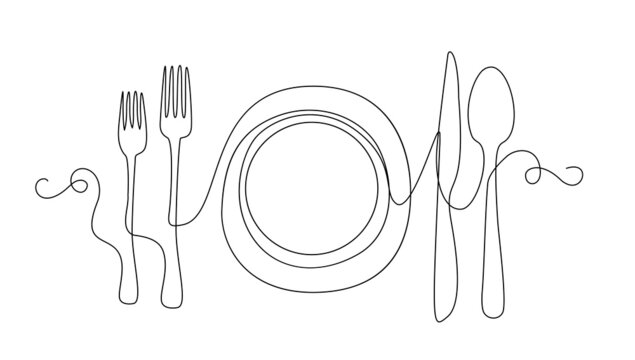 Line Drawing Plate, Spoon, Khife, Fork