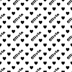 The female name is Olivia. A postcard for Olivia. Seamless repeating pattern with hearts. Congratulations to Olivia. Background for scrapbooking, albums, advertising, websites, bloggers.