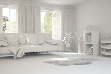 White living room with sofa and summer landscape in window. Scandinavian interior design. 3D illustration