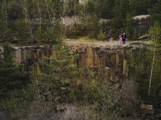Aerial drone view family travel, admiring the landscape