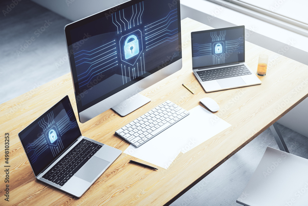 Poster Computer monitor with creative light lock illustration and microcircuit, cyber security concept. 3D Rendering