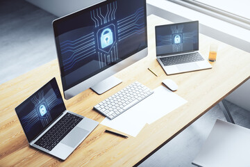 Computer monitor with creative light lock illustration and microcircuit, cyber security concept. 3D...