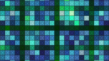 Colorful flashing background of squares with dots. Motion. Retro disco background with flashing squares. Mosaic squares with dots flash colorfully and quickly