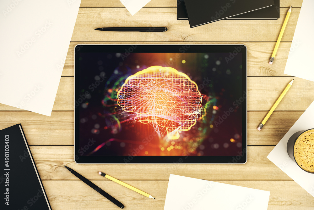 Poster creative artificial intelligence concept with human brain hologram on modern digital tablet screen. 