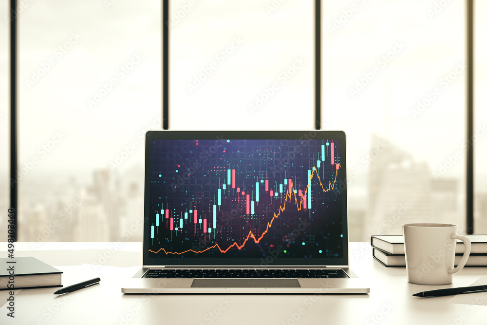 Poster modern computer monitor with abstract creative financial chart, research and strategy concept. 3d re