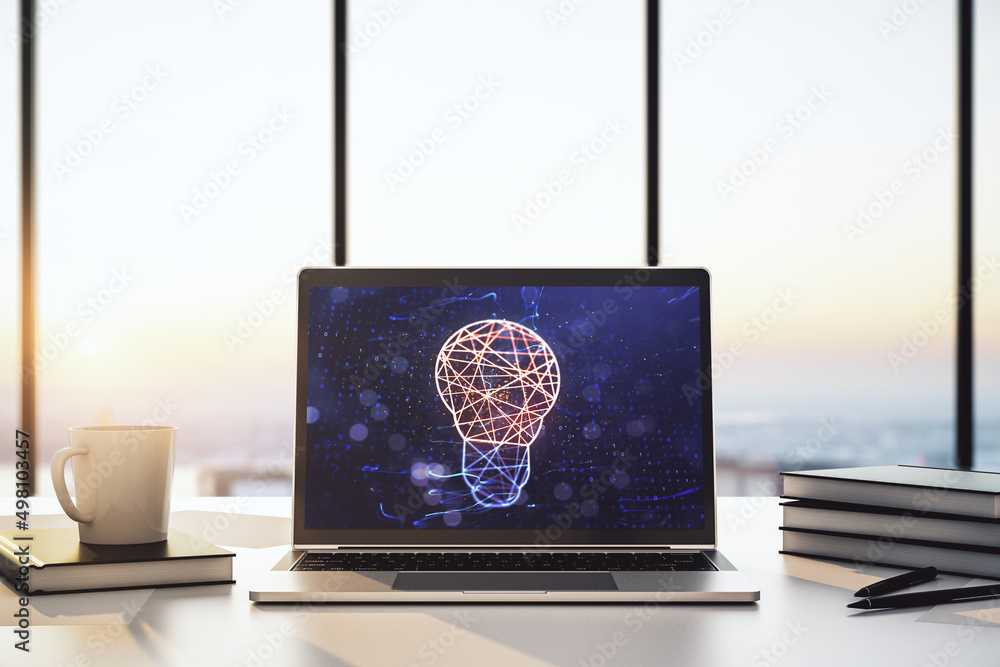 Aufkleber Modern computer monitor with creative light bulb hologram, research and development concept. 3D Rendering
