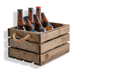 Beer bottles in wooden box with white bottom