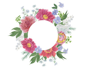 Watercolor painting a floral round with beautiful peony flowers. Perfect for wedding invitation, greeting card, poster