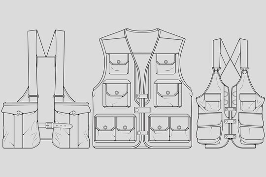 Set of chest vest bag outline drawing vector, chest vest bag in a sketch style, trainers template outline, vector Illustration.
