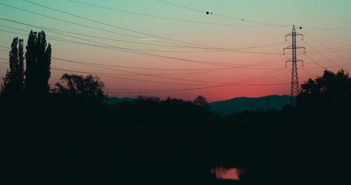 Beautiful pink magenta sunset in Cluj near a bridge