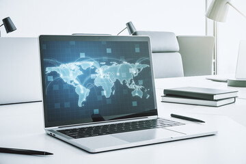 Computer monitor with abstract graphic digital world map with connections, globalization concept....
