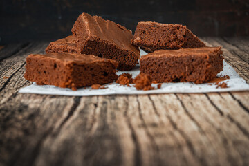 Normal view of Homemade chocolate brownie squares on a table.